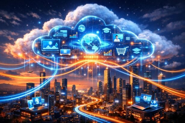 Felhőalapú technológiák látképe, felhőközpontokkal, digitális szolgáltatásokkal, adatokkal és felhasználói eszközökkel