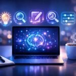 Kép egy kreatív író és AI eszközök közötti együttműködésről tartalomkészítéshez modern technológiákkal.