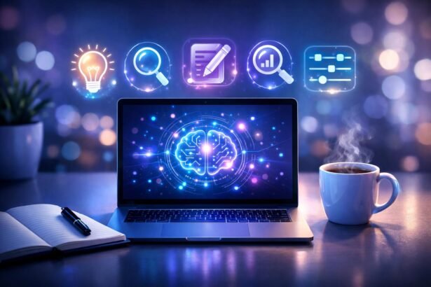 Kép egy kreatív író és AI eszközök közötti együttműködésről tartalomkészítéshez modern technológiákkal.