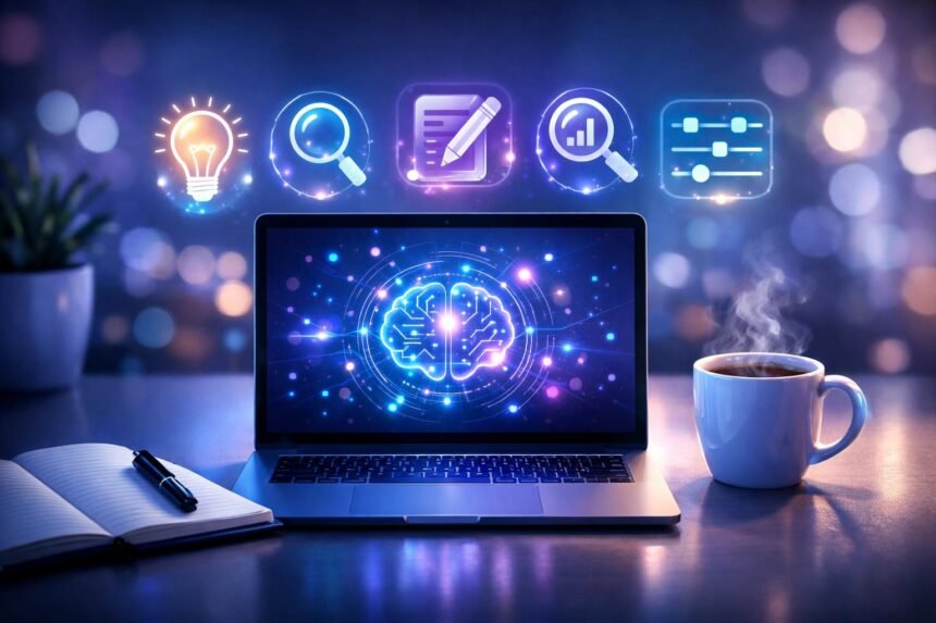 Kép egy kreatív író és AI eszközök közötti együttműködésről tartalomkészítéshez modern technológiákkal.