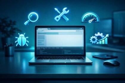Fejlesztő ül laptop előtt, minőségi Chrome bővítményeket használ a hatékony hibakereséshez és fejlesztéshez