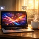 Fiatal felnőtt otthon ül laptop előtt, programozási kódok jelennek meg a képernyőn.