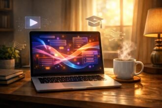 Fiatal felnőtt otthon ül laptop előtt, programozási kódok jelennek meg a képernyőn.