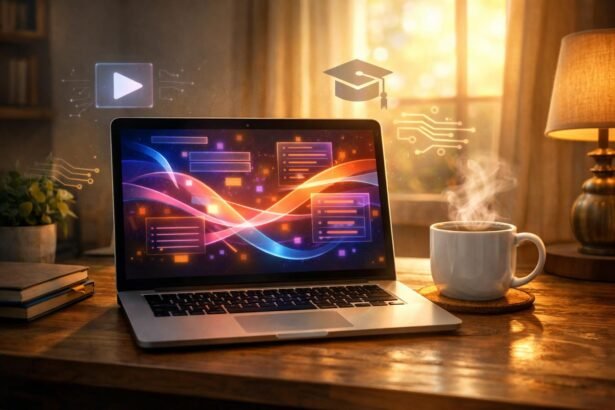 Fiatal felnőtt otthon ül laptop előtt, programozási kódok jelennek meg a képernyőn.