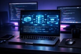 Programozó több monitor előtt dolgozik, miközben különféle fejlesztői eszközöket használ