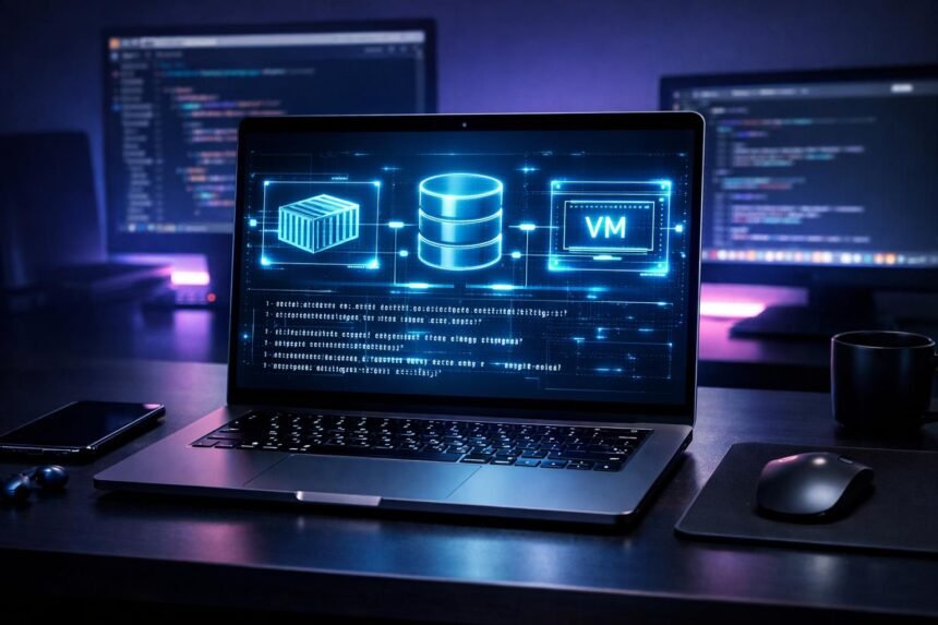 Programozó több monitor előtt dolgozik, miközben különféle fejlesztői eszközöket használ