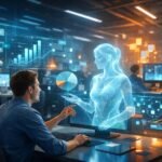 A mesterséges intelligencia és az emberi munka együttműködését ábrázolja modern környezetben