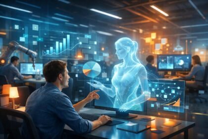 A mesterséges intelligencia és az emberi munka együttműködését ábrázolja modern környezetben