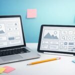 Kezdőknek szóló UX és UI tervezés alapfogalmainak vizuális ábrája notebook háttérrel