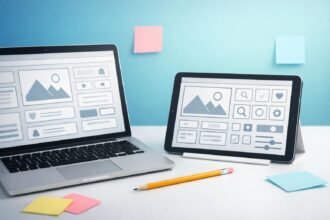 Kezdőknek szóló UX és UI tervezés alapfogalmainak vizuális ábrája notebook háttérrel