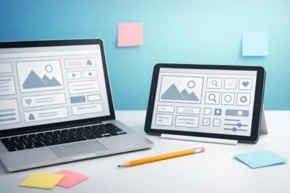 Kezdőknek szóló UX és UI tervezés alapfogalmainak vizuális ábrája notebook háttérrel