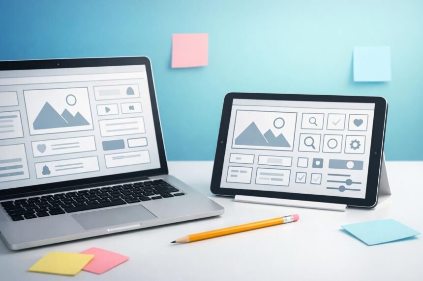 Kezdőknek szóló UX és UI tervezés alapfogalmainak vizuális ábrája notebook háttérrel