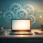 Ember laptop előtt dolgozik, folyamatok automatizálásának ikonokkal kiemelve a képen