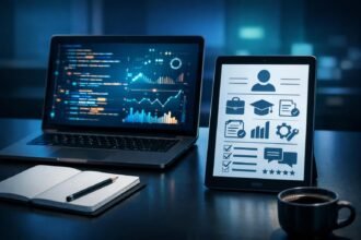 IT állás CV-t készítő személy laptop előtt, kód és jegyzetek társaságában