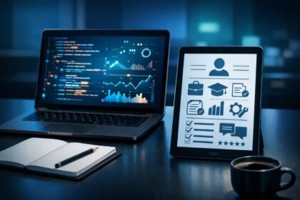 IT állás CV-t készítő személy laptop előtt, kód és jegyzetek társaságában