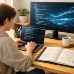 Fiatal pályakezdő laptop előtt tanul, gyakorló kódolási feladataival és kis projektek implementálásával.