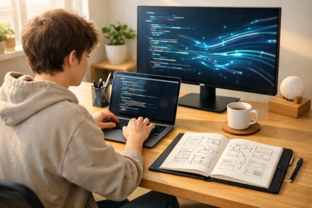 Fiatal pályakezdő laptop előtt tanul, gyakorló kódolási feladataival és kis projektek implementálásával.