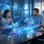 Vállalati digitalizációt bemutató kép: technológiával összefűződő folyamatok, döntéshozatal és ügyfélkapcsolatok fejlődése