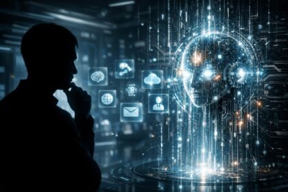 Emberek és mesterséges intelligencia közötti vitát bemutató moderált, gondolkodó arcok.