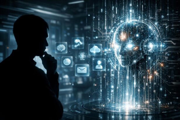 Emberek és mesterséges intelligencia közötti vitát bemutató moderált, gondolkodó arcok.