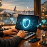 Egy ember dolgozik kávézóban laptopon, látható a zárt hálózati ikon és biztonsági figyelmeztetések.