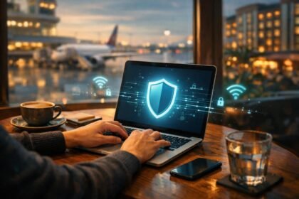 Egy ember dolgozik kávézóban laptopon, látható a zárt hálózati ikon és biztonsági figyelmeztetések.
