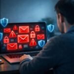 Online csalások elleni figyelmeztető jelenet: felhasználó számítógép mellett értesítéseket vizsgálja