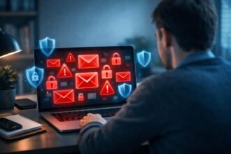 Online csalások elleni figyelmeztető jelenet: felhasználó számítógép mellett értesítéseket vizsgálja