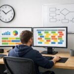 IT-szakemberek csapata monitorokkal és jegyzetekkel a határidők közepette dolgozik egy központi kijelzőn.
