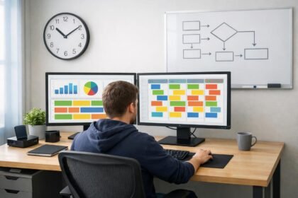 IT-szakemberek csapata monitorokkal és jegyzetekkel a határidők közepette dolgozik egy központi kijelzőn.