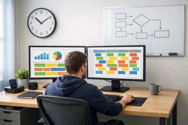 IT-szakemberek csapata monitorokkal és jegyzetekkel a határidők közepette dolgozik egy központi kijelzőn.