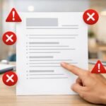 Fiatal szakember önéletrajzát vizsgálja, mellette tíz gyakori hibát jelölve, figyelve a javításokra