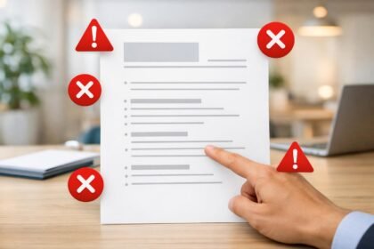 Fiatal szakember önéletrajzát vizsgálja, mellette tíz gyakori hibát jelölve, figyelve a javításokra