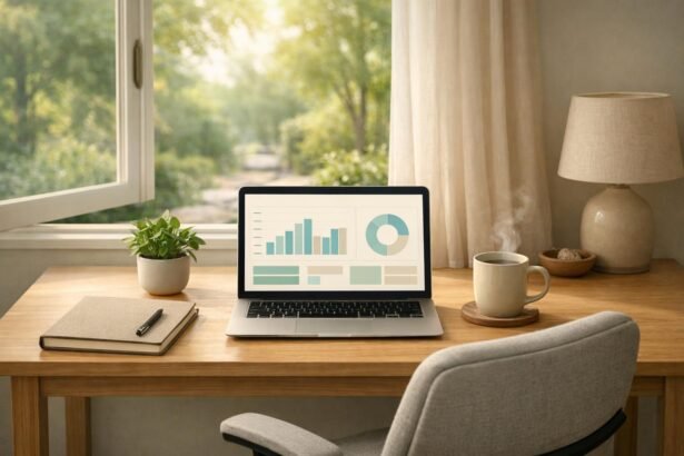 Otthon dolgozó személy a rendezett íróasztalánál, fókuszáltan dolgozik a laptopon.