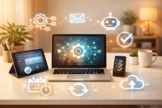 Dolgozók modern digitális eszközökkel növelik a produktivitást és egyszerűsítik a feladatokat.
