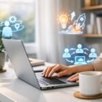 Távmunkában dolgozó személy otthonos irodai környezetben laptop előtt és önálló hatékony munkavégzésre fókuszál