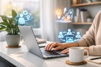 Távmunkában dolgozó személy otthonos irodai környezetben laptop előtt és önálló hatékony munkavégzésre fókuszál