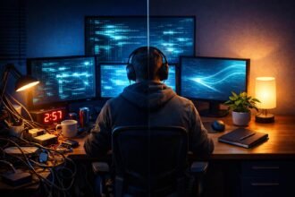 Fáradt IT szakember laptop mellett, kiégés megelőzésére összpontosítva, egyensúlyt keresve.